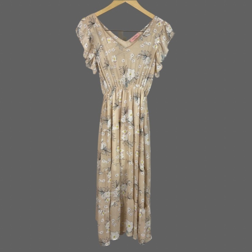 Topping Medium Floral Ruffle Cottagecore Boho Flowy Maxi Dress Belted Vacayion